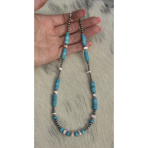 Southwest Jewelry - Sterling Silver Navajo Pearl Turquoise HEISHI Conch Nuggets Necklace 16.5-18.5”